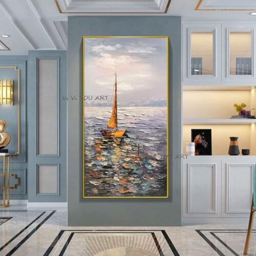 Entrance Decorative Smooth Sailing Modern Pure Hand Painted Three Dimensional Oil Corridor Aisle Vertical Paintings Study Murals