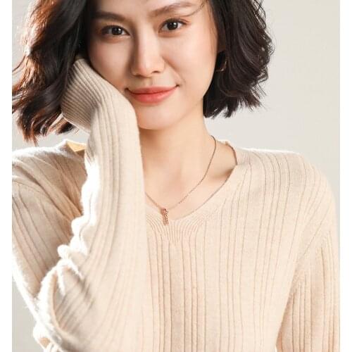 Women 100% Wool Pullover 2021 New Arrival V-neck Elasticity Sweater Female Warm Soft Basic Jumper Solid Loose Femme 7 Colors