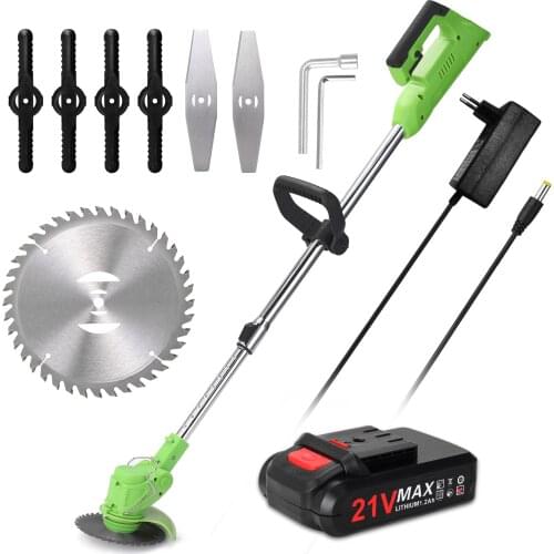 21V Electric Lawn Mower Rechargeable Li-ion Battery Cordless Grass Trimmer Auto Release Trimming Machine for Gardening Green
