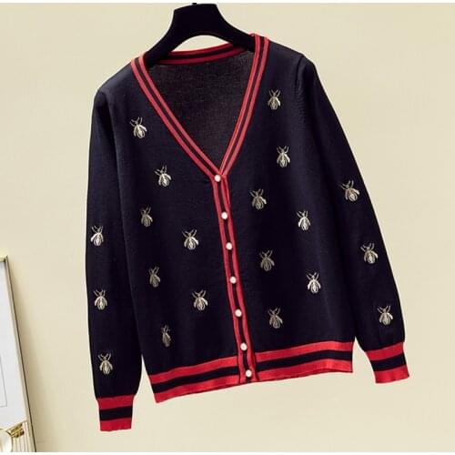 2020 New Woman Sweaters Korean Elasticity Long Sleeve Female Cardigan Black V Neck Embroidery Honey Women Sweater Knitwear Tops