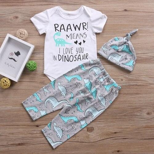 Baby Boy Clothing Set 2021 Summer Cartoon Dinosaur Short Sleeve Romper + Pants + Hat 3PCS Baby Set 0-2 Years Old