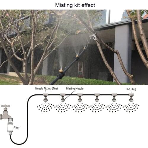 18M(60 feet) High Quality Outdoor 1/4'' Low Pressure Misting System Kit Garden Hose Spray Head with Connector with Inline Filter