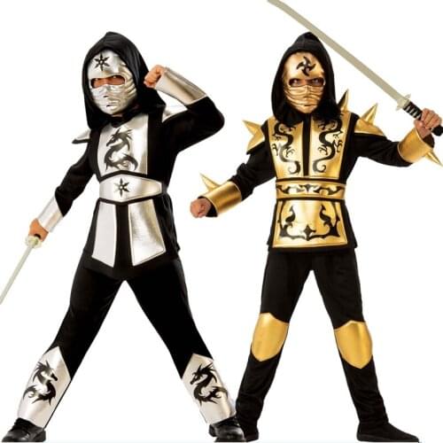 Boys Ninja Costume Gold Silver Ninja Cosplay Tops Pants Mask Outfit Set Kids Fantasy Carnival Party Halloween Purim Clothes