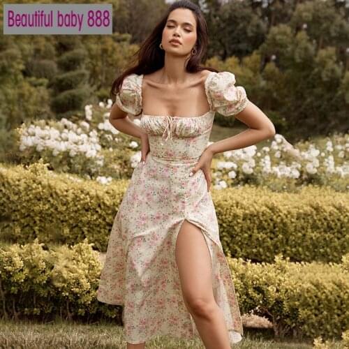 Meqeiss New Floral Print Fashion Puff Sleeve Ruched Midi Sundress Sexy Women Party Club Dress Cottagecore Split Dress Elegant