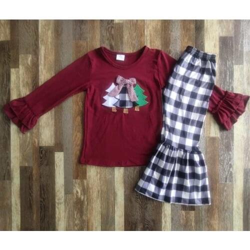 Fashion girls three trees embroidery deisgn petal sleeve clothing set for christmas day 80