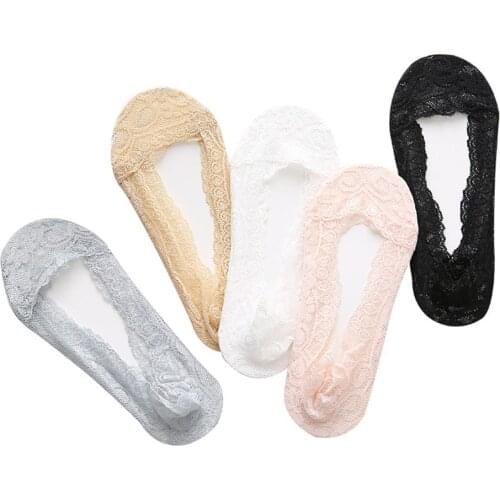 1Pair Summer Women Girls Silicone Gel Lace Boat Socks Invisible Liner Low Cut Sock Cotton Breathable Anti-Slip Socks