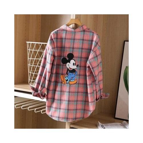 Disney Spring 2020 new simple lady plaid shirt back retro printing Mickey mouse plaid shirt female blouse