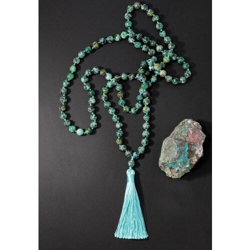 OAIITE African Turquoise Strand Neckalce for Women Men 108 Malas Bead Handmade Knotted Prayer Yoga Jewelry Tassel Neckalce
