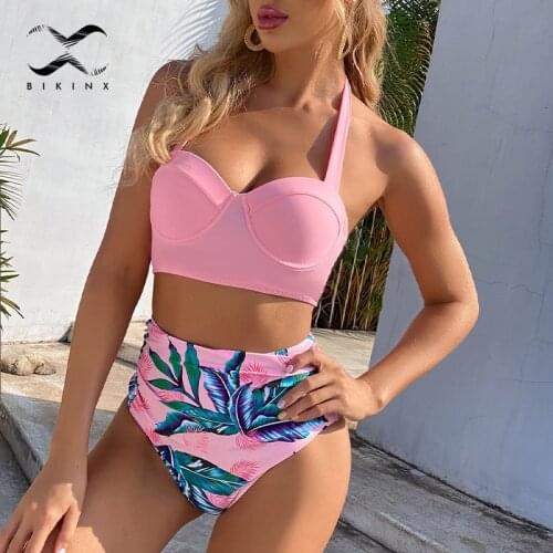 Sexy high waist bikini set Patchwork print swimsuit women Halter push up swimwear Brazilian bathing suit 2021 Bandeau swimming