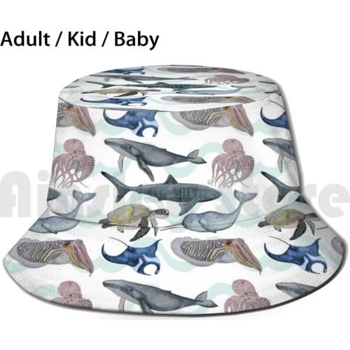 Under The Sea Sun Hat Foldable UV Protection Ocean Sea Waves Fish Shark Whale Narwhal Ray Cuttlefish Sea Turtle