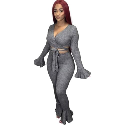Sexy 2 Piece Set Women Clubwear Bandage Flare Long Sleeve Crop Top and Flare Pants Set Autumn Skinny Two Piece Set Club Outfits