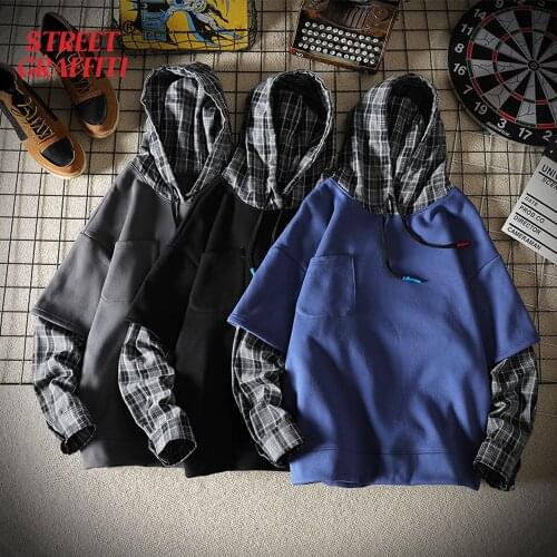 Mens Casual Sweatshirts Hoodie Vintage Solid Style Splicing Hip Hop Creativity Streetwear Male 2021 Fashion Cotton Men Hoodies