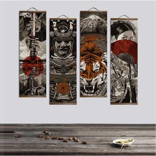 Japanese Ukiyoe Tiger Canvas Poster Wall Pictures for Living Room Home Decor Painting Wall Art with Solid Wood Hanging Scroll