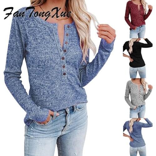 Fall Casual Tops for Women Solid Button Full Top Women Sheath Long Sleeve V Neck Brief Fashion Long T Shirt Women Spring/Autumn
