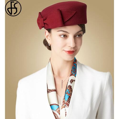 FS Vintage Wool Pillbox Hat For Women French Berets Winter Felt Hats With Bow Top Lady Stewardess Cap Fedoras Chapeau Femme