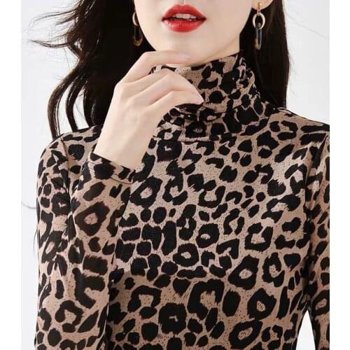Woman Tshirts Womens Turtleneck Leopard Print Autumn Winter T-shirt Top Ropa Mujer Camisetas