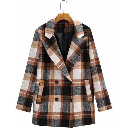Nlzgmsj Za Women 2021 Double Single Breasted Check Woolen Blazer Coat Long Sleeve Pockets Female Outerwear Chic Tops 202108