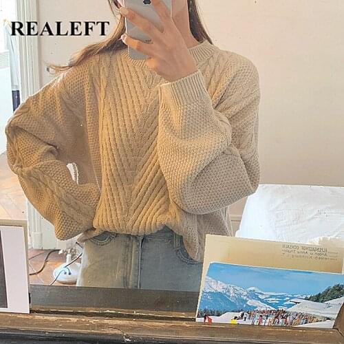 REALEFT Elegant Autumn Winter Oversize Women Sweater Elegant Solid Loose Round Neck Knitted Sweaters Long Sleeve Pullover Female