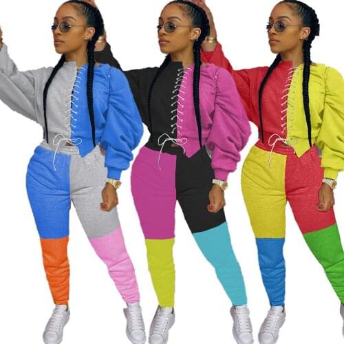 Patchwork Women Tracksuit Set Bandage Sweatsuit Set Ladies Joggers Two Piece Set Women Clothing