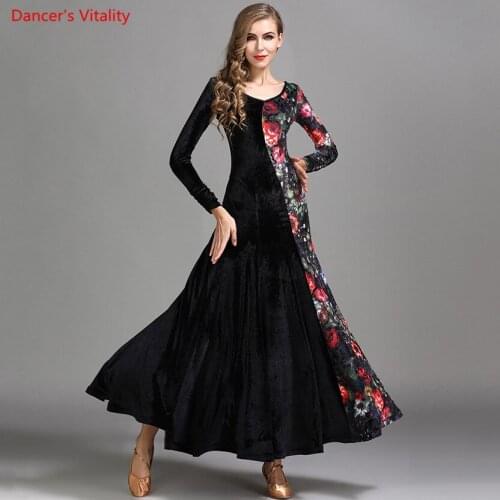 Women Ballroom Dance Dress Silk Velvet Big Swing Dress Ladys' Latin Dance Ballroom Waltz Tango Dance Stage Practice Clothing