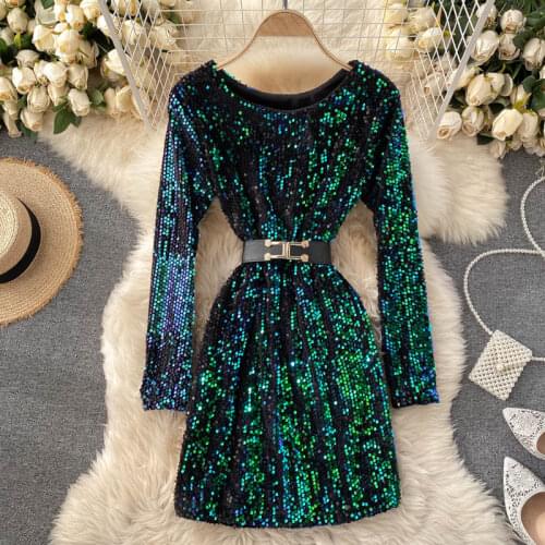Autumn New Temperament Fashion Womens Sequined Round Neck Tie Waist Thin Sexy Bag Hip Nightclub Dance Dress UK749