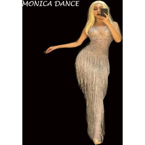 Women Sexy Flashing Rhinestones Tassel See Through Long Dress Womens Birthday Party Celebrate Dress Bar Women Dance Mesh Dress