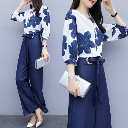 2021 Female Spring Summer Suit Lady Shirt Tops+Plus Size Wide Leg Pants Two-Piece Suit Profession Suit C Women Pants 2-Piece Set