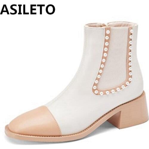 ASILETO 2021 New Designer Brand Ankle Boots for Women Zip Beads Patchwork Mixed Color Square Low Heel Black White 31-43 S2438