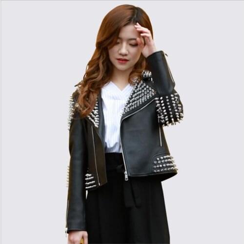 Punk rivet beading pu leather jackets spring bullet Beading leather outerwear female fashion was thin PU leather jacket WQ218
