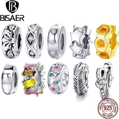 BISAER Hot Sale 925 Sterling Silver Flower Leaves Leaf Spacer Honeycomb Star Beads Charms fit Charms Bracelets DIY Jewelry