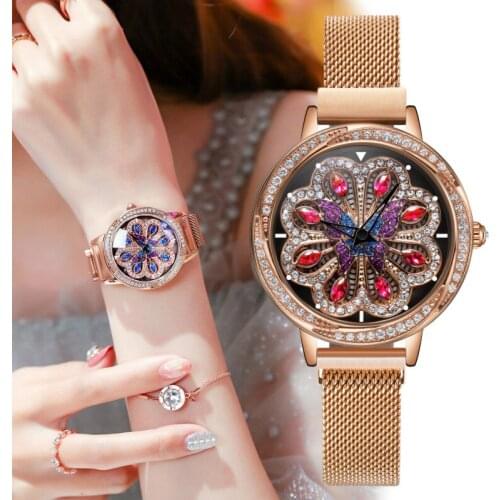 NAKZEN brand female watch rotating dial peacock wheel Womens watches Japanese movement copper case steel mesh belt Ladies watch