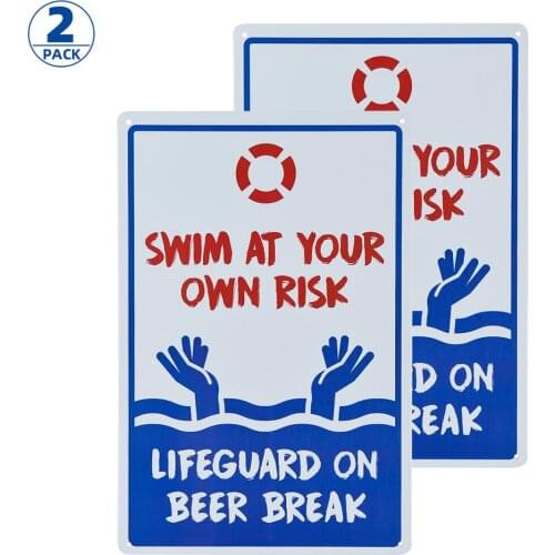 DL-2-Pack Swimming Pool Sign, Swim at Your Own Risk Life Guard on Beer Break, 18x12 UV Printed