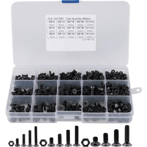 FUNN-460PCS M3 M4 M5 Alloy Steel Countersunk Flat Head Hex Socket Cap Screws Nuts Set Assortment Kit Precise Metric Bolts Nuts