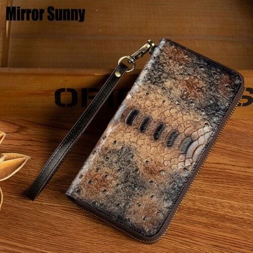 Retro Ostrich Pattern Genuine Leather Womens Wallet Multi-card RFID Clutch Bag Top Layer Cowhide Leather Polished Color Wallet