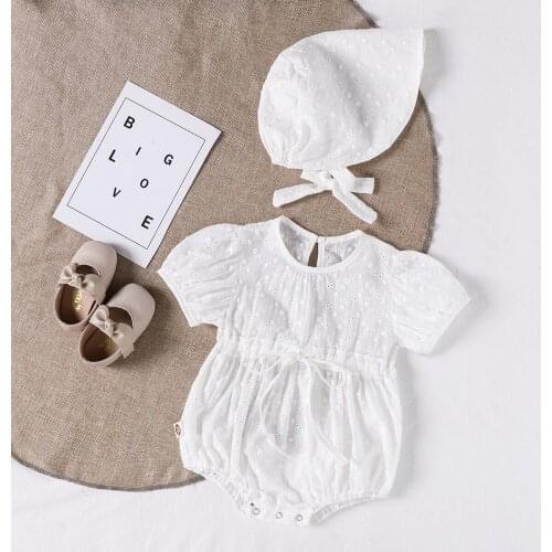 0-24M Newborn Baby Girls Clothes Two Piece Suit Hollow Out Romper Pure White Bubble Sleeve Jumpsuit and Hat for Baby