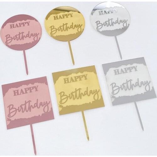 Happy Birthday Round Acrylic Cake Toppers Gold Laser Print Letters Baking Cake Toppers for Kids Birthday Party Cake Decorations