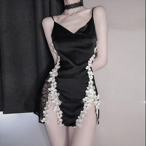 Beauty Lace Sexy Night Gowns Black Silky Strap Backless Womens Nightgown Sleepwear Hollow Out Nightdress Lingerie Mini Dress