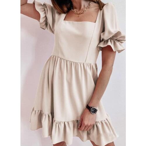 Summer Womens Fashion Square Neck Short Sleeve Ruffles Solid Colors Puff Sleeve Casual Beach Party Dress Sundress Vestidos#35
