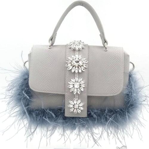 Fashion Wedding Handbag Leather Feather Messenger Bag Exquisite Elegant Rhinestone Shoulder Bag for Women 2019 ZD1297