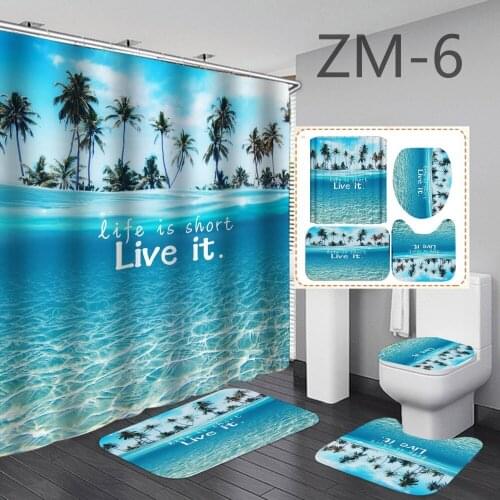 Fashion Sea Blue Beach Shower Curtain With Non Slip Rug Mat Bathroom Curtains Waterproof Polyester Bathroom Curtain with Hooks