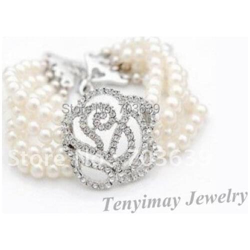 Fashion imitation pearls bracelet, crystal rose bracelet, multi rows bracelet free shipping 12pcs/lot