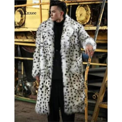 Autumn and Winter Mens Fur Jacket Long Leopard Print Oversized Jacket Lapel Faux Fur Long Jacket Mixed Color Winter Jacket