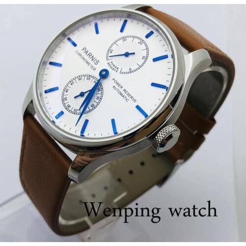 New Parnis 43mm silver case white dial leather strap Seagull ST2542 power reserve mens top leisure automatic mechanical watch
