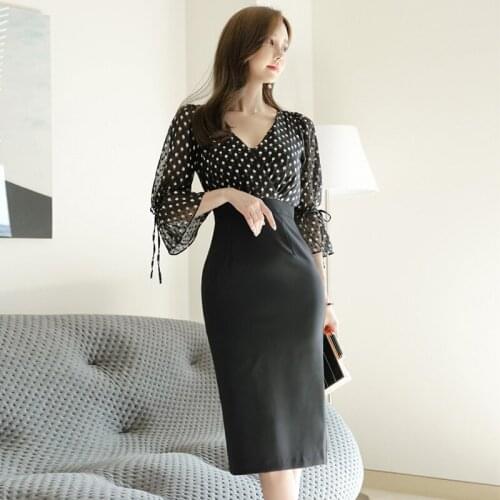 New arrival fashion sexy party patchwork formal dress women elegant temperament office lady vintage v-neck cute pencil dress