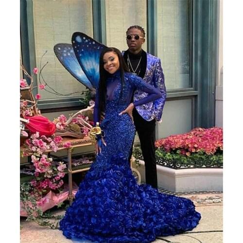 Royal Blue Prom Dresses Mermaid Long Sleeve Appliques Formal Pageant Holidays Wear Graduation Evening Party Gowns Custom Made