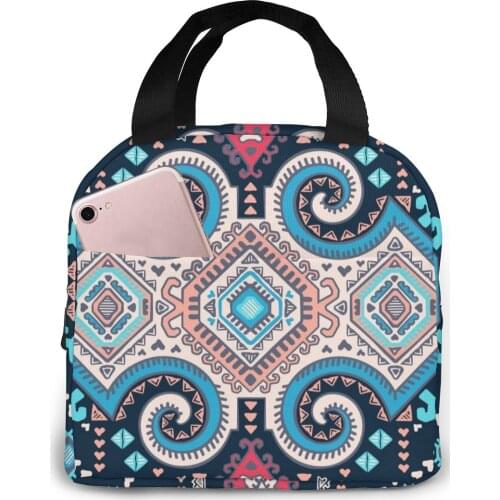 Tribal Mexican Vintage Ethnic Pattern Cooler Bag Portable Zipper Thermal Lunch Bag Convenient Lunch Box Tote Food Bag