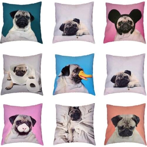 Popular Pugs White Cushion Covers Elephant Nose Duck Mouth Cute Dogs Printed Home Decor Polyester Peach Skin Throw Pillow Cases