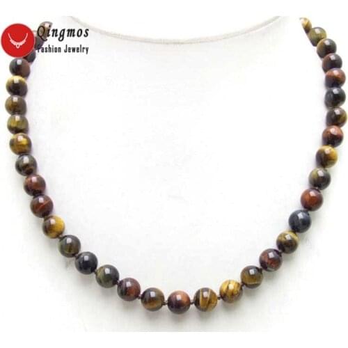Qingmos 8mm Round Natural Multicolor Tigers Eye Stone Necklace for Women with Genuine Stone Chokers 17" Jewelry Colar Collier