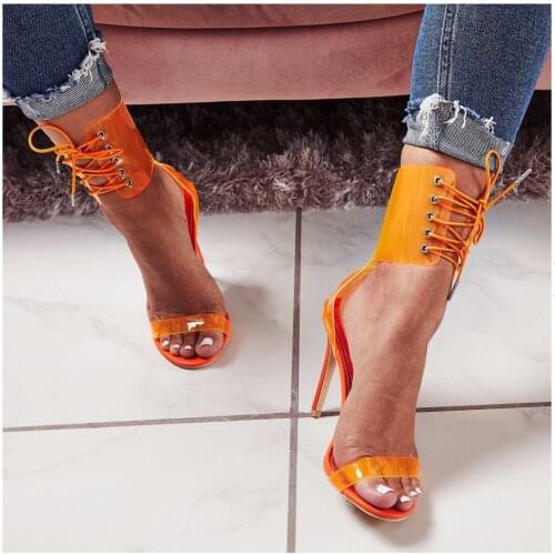 XEK 2019 PVC Transparent Lace Up High Heel Sandals Sexy Dress Heels for Women Ladies Stiletto Heel Summer Shoe XYW44