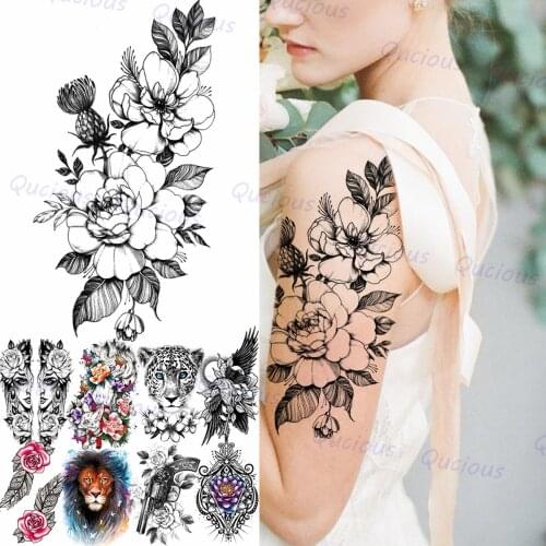 Sexy Black Dahlia Temporary Tattoos For Women Adult Leopard Lion Fox Realistic Fake Tattoo Gun Rose Waterproof Half Sleeve Tatoo